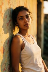 Fototapeta premium Young Asian woman with dark skin, long wavy hair leans against textured wall. Soft sunlight illuminates face. Wears white tank top, simple jewelry. Calm expression suggests contemplation solitude.