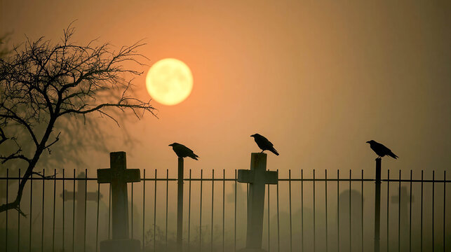 Eerie cemetery with ravens perched on crosses beneath a glowing full moon in mist at dusk