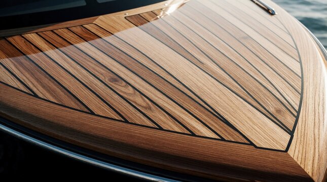 Polished teak boat deck with dark trim reflects sunlight. Rich wood grain shows fine craftsmanship on a luxury yacht. Smooth surface gleams, hinting at ocean travel.