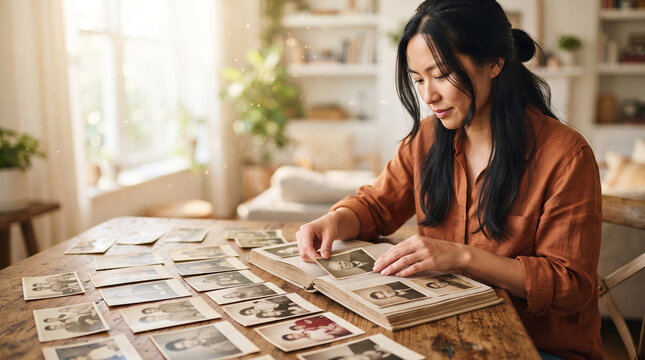 Asian woman organizing vintage family photographs in an album at home. Memory preservation, genealogy research, personal history, nostalgia, and family heritage concept