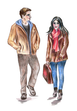 Illustration of a couple walking and talking: a man and a woman dressed in autumn clothing are walking. Colored pencils drawing