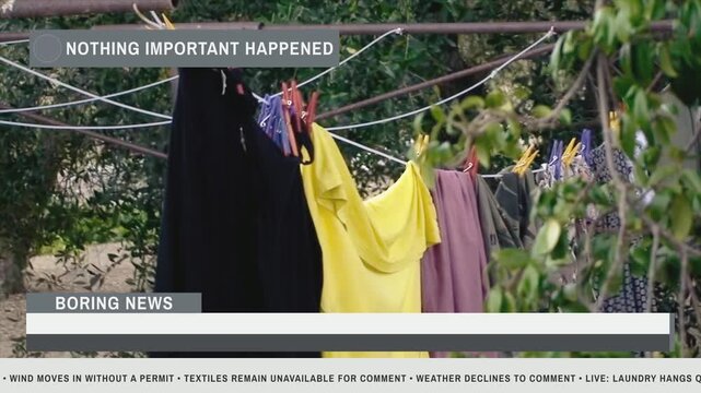 Colorful laundry drying on clothesline in rural countryside with parody news overlay. Features mundane outdoor chore scene for satirical editorial themes.
