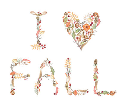 Botanical typography "I love fall" created from watercolor hand drawn autumn leaves, acorns, twigs, berries, pinecones, and flowers. Beautiful and detailed lettering for autumn design projects