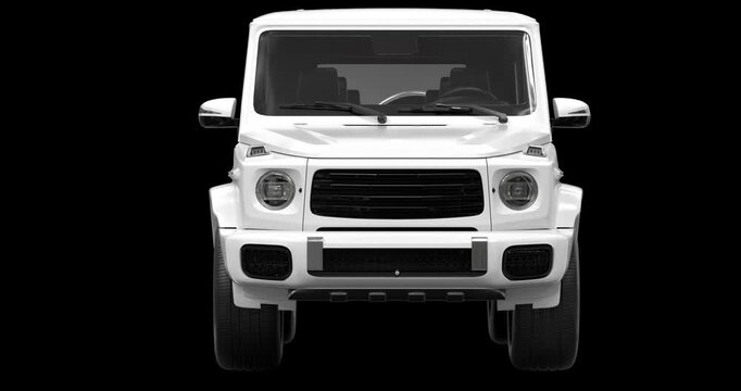 White luxury SUV speeding toward the camera in a dynamic front view. Includes 4K resolution with alpha channel.