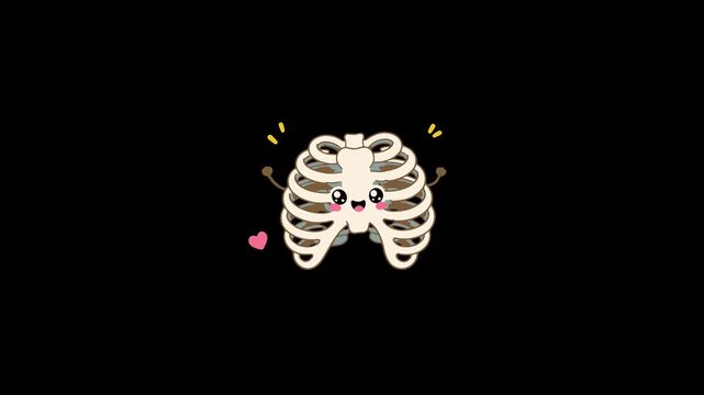 Cute cartoon ribcage characters dancing on black background
