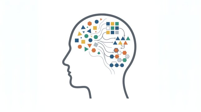 Illustrated human silhouette head with colorful geometric brain activity patterns.