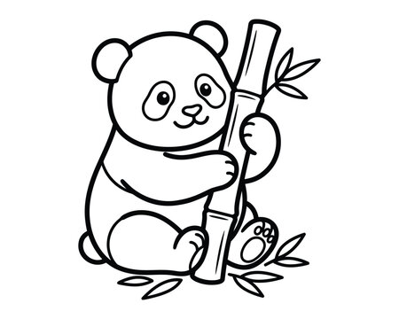 Cute panda bear hugging a bamboo stalk in a simple black and white drawing