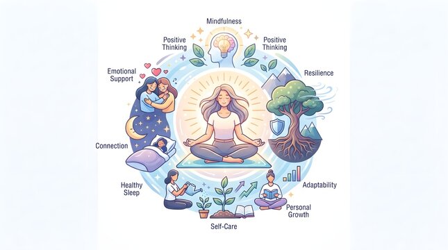 Illustrated diagram of a meditating figure surrounded by floating elements representing chakras and energy flow.