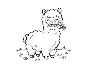 Naklejka premium Cute cartoon alpaca illustration with a flower in its mouth on a white background