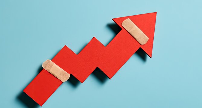 A jagged red arrow points upward, bandaged for recovery, against a blue background