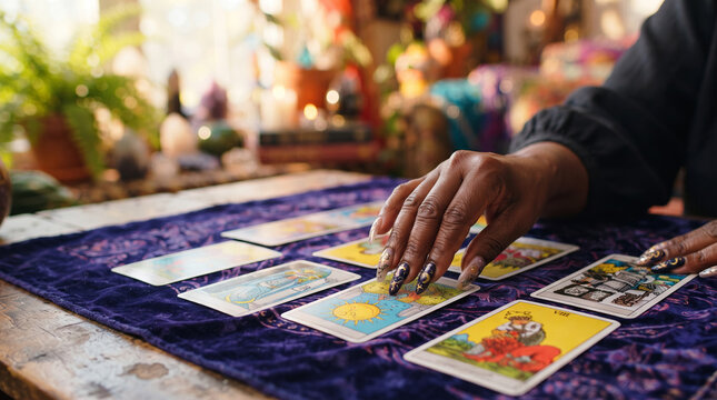 Woman arranging tarot cards on a mystical table. Fortune telling, spiritual guidance, divination practice, and occult symbolism in a cozy esoteric shop