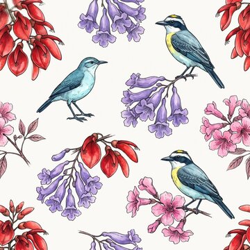 Seamless pattern with great kiskadee and blue tanager among jacaranda, ceibo and pink lapacho tree flowers, south american botanical illustration