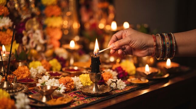 Woman lighting an oil lamp during a Hindu worship ritual. Diwali celebration with flowers, candles, offerings, and traditional decoration. Spiritual festival ceremony with copy space