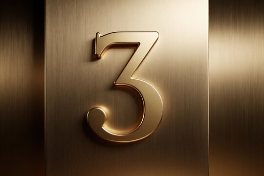 Golden number 3 stands on brushed metal background. Luxury shiny metallic digit 3rd place icon. Elegant gold numeral symbol for award, anniversary, ranking. Premium 3D font design with soft light