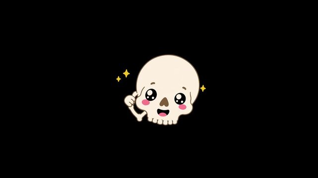 Kawaii skull character giving thumbs up on black background
