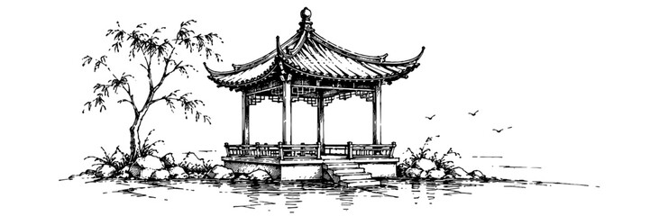 Obraz premium Serene monochrome scene of a traditional Chinese pavilion beside calm water, surrounded by rocks and trees, evoking classic gardens and heritage.