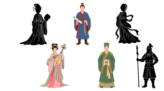 Professional vector collection featuring different ancient Chinese men and women wearing traditional Hanfu clothing, historical robes, silk garments, cloth belts, ancient hairstyles