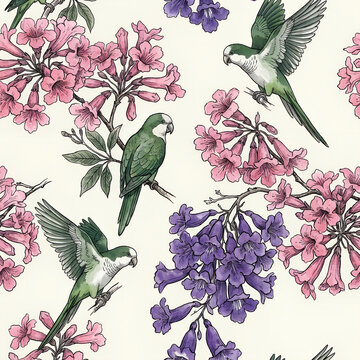 green parakeet with pink lapacho and jacaranda flowers seamless pattern