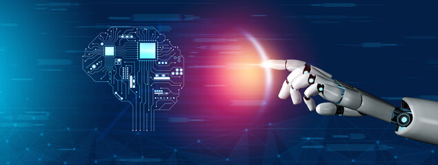 Obraz premium Futuristic Robot Hand Interacting with Digital Brain Interface Representing Artificial Intelligence and Technology Innovation in Modern World Haptic.