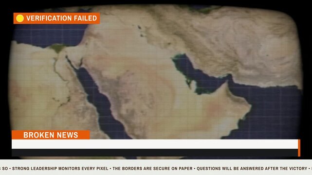Middle East map on a distorted monitor with breaking news graphic overlays. Satirical broadcast displaying geopolitical media alerts.
