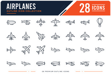 Minimalist vector icon collection featuring various airplane and aircraft designs presented in a clean and organized layout on white background © Tanzicons