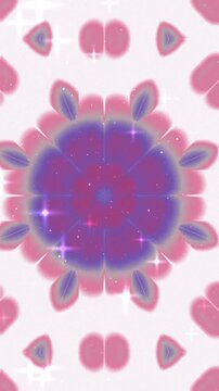 Abstract digital kaleidoscope pattern with soft pink and purple floral shapes and glowing sparkles.