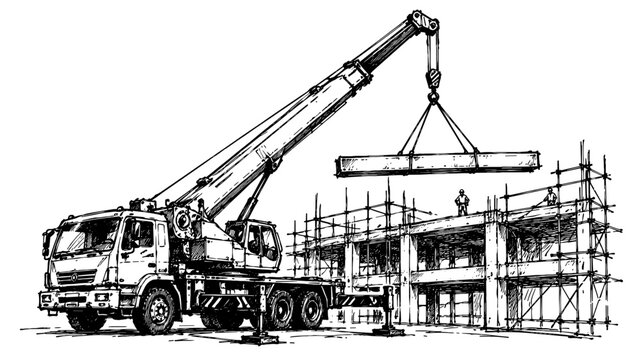 Detailed vintage engraving of a mobile crane lifting a structural beam at an active construction site, highlighting heavy machinery, engineering, infrastructure, and building work.