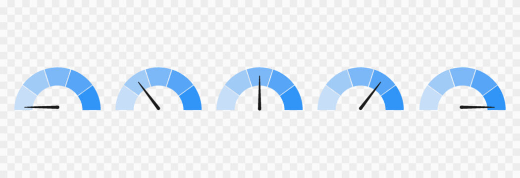 Set of blue indicator icons for speed, risk, and ratings, ranging from low to high. Gauge or dashboard PNG.