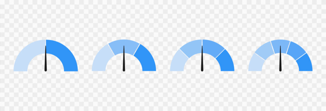 Set of blue indicator icons for speed, risk, and ratings, ranging from low to high. Gauge or dashboard PNG.