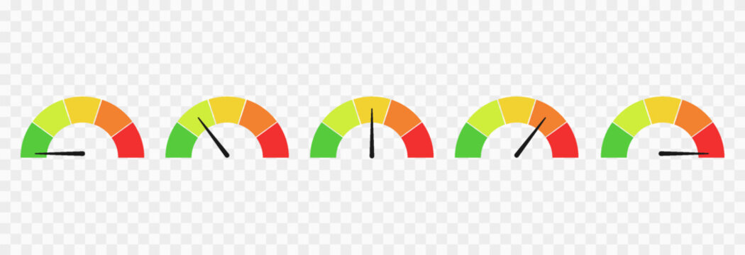 Set of colorful indicator icons for speed, risk, and ratings, ranging from low to high. Gauge or dashboard PNG.