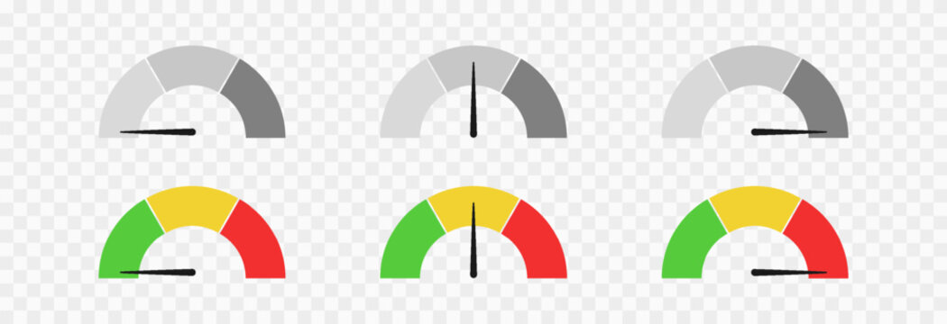 Set of colorful indicator icons for speed, risk, and ratings, ranging from low to high. Gauge or dashboard PNG.