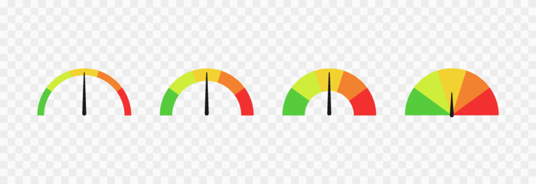 Set of colorful indicator icons for speed, risk, and ratings, ranging from low to high. Gauge or dashboard PNG.