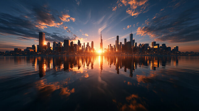 Modern City Skyline Reflecting on Calm Water at Sunrise