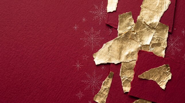 Festive Red Background with Torn Gold Foil and Snowflakes