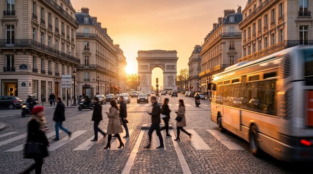 Arc de Triomphe at Sunset with Pedestrians in Paris