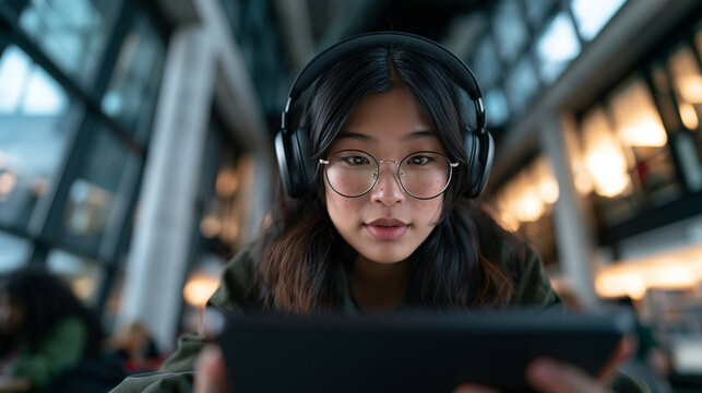 Asian Student with Headphones Focused on Digital Tablet Indoors
