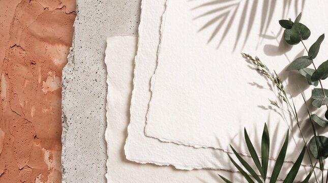 Handmade Paper Stationery Mockup with Botanical Leaves and Shadow
