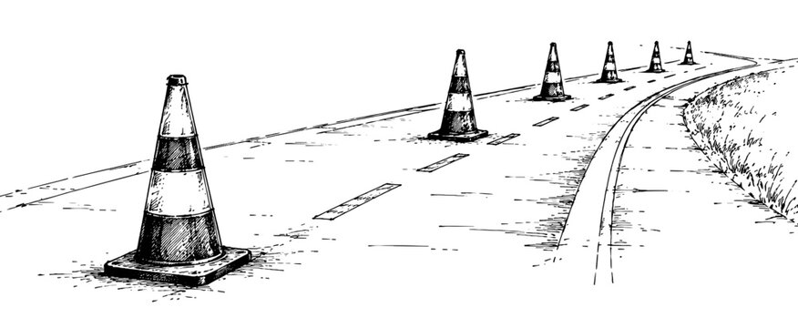 Bold roadside scene showing traffic cones guiding vehicles along a curved roadway, highlighting construction, road safety, traffic control, and transportation.