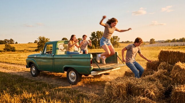Happy Friends Jumping From Vintage Pickup Truck On Rural Farm
