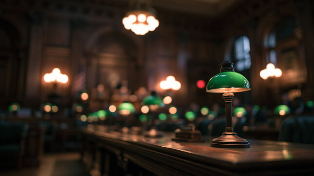 Green Banker Lamp on Desk in Historic Courtroom