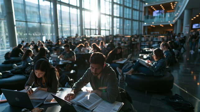 Diverse College Students Studying in Modern University Library