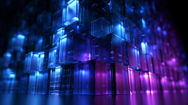 Abstract Glowing 3D Glass Data Cubes Background