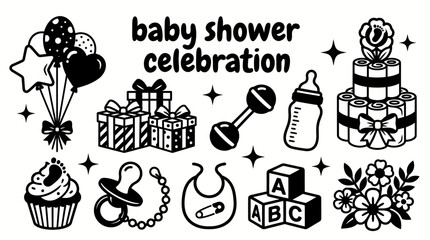 baby shower celebration essentials featuring balloons gift boxes baby bottles rattles cupcakes welcome banners diaper cakes floral decorations and party accessories for baby shower events invitations