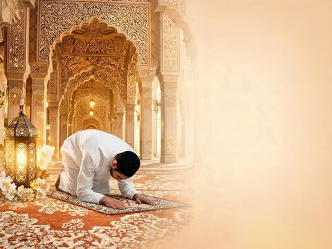 Muslim man prostrating in sujud position during prayer inside ornate mosque with glowing lantern and blank white copy space vertical frame
