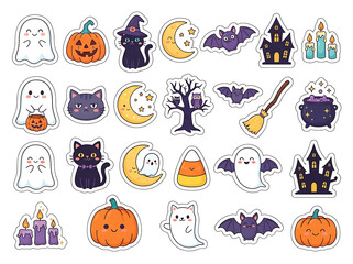 Fototapeta premium Cute halloween stickers collection with ghosts pumpkins bats and other spooky elements vector illustration
