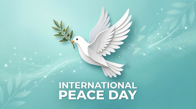 Peace dove origami with green sprig and white background for international