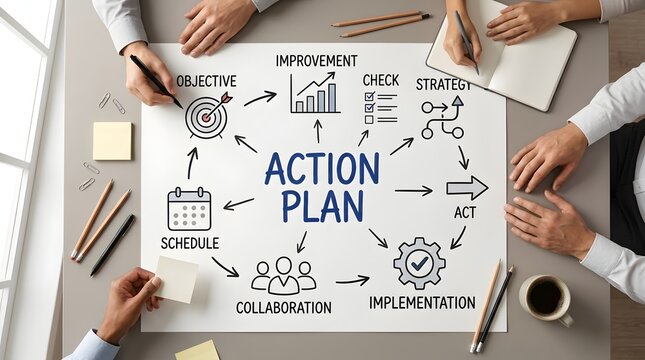 Business team planning action steps on whiteboard with icons