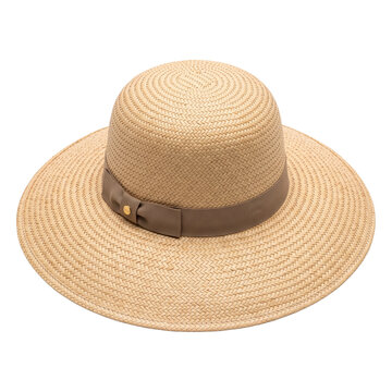 Woven straw sun hat with a decorative brown ribbon band