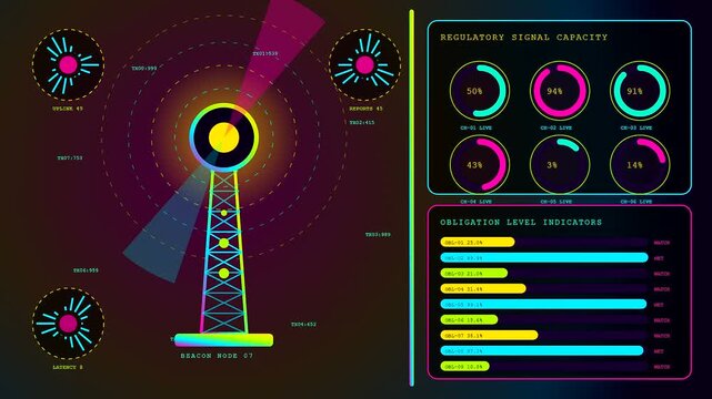 Compliance monitoring interface displaying dynamic radar signals and digital metrics on a neon glowing screen showing fluctuating data points in a systematic visual array for analysis