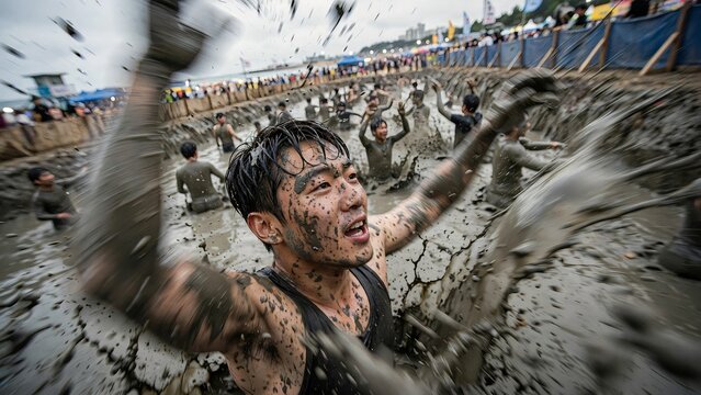 East Asian young man covered in mud cheering enthusiastically with arms raised while participating in a messy mud festival in a large muddy pit with other festival goers